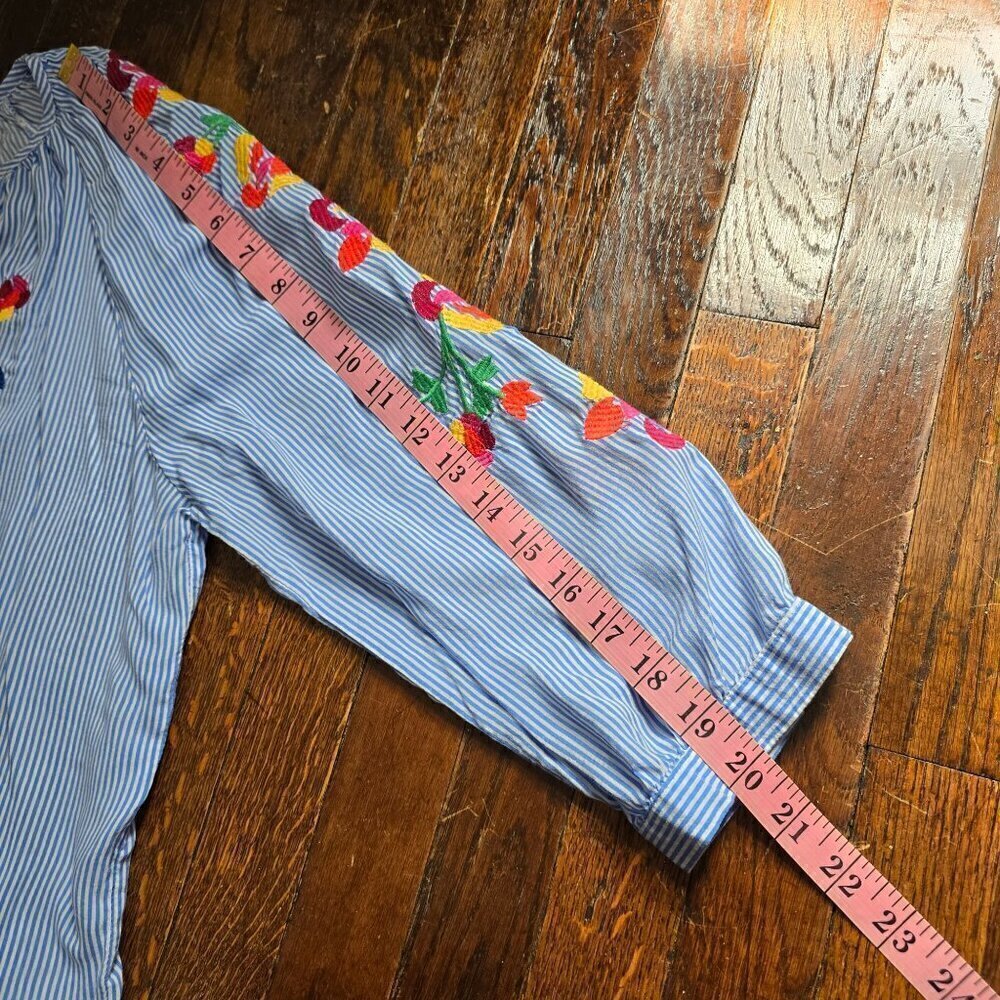 Artisan NY Blue Striped Flowy Colorful Floral Embroidery Boho Top - Picture 11 of 12